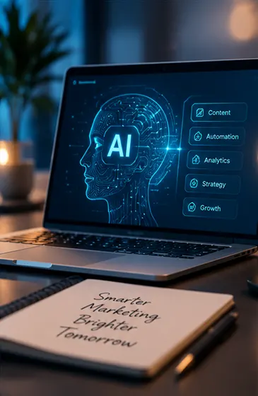AI-powered digital marketing workspace showing artificial intelligence tools for content and marketing strategy