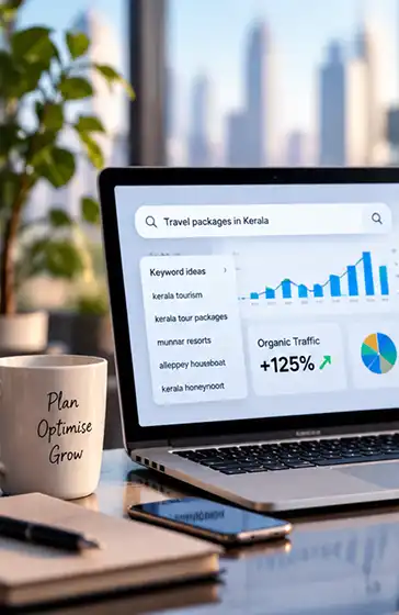 Digital marketing workspace showing Google Ads campaign performance and SEO analytics
