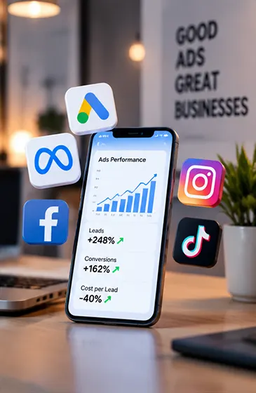 Digital advertising workspace showing social media campaign performance and audience analytics