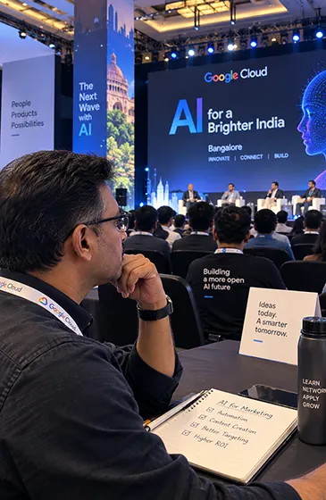 AI-generated illustration of a digital marketing professional attending an AI technology conference in Bangalore